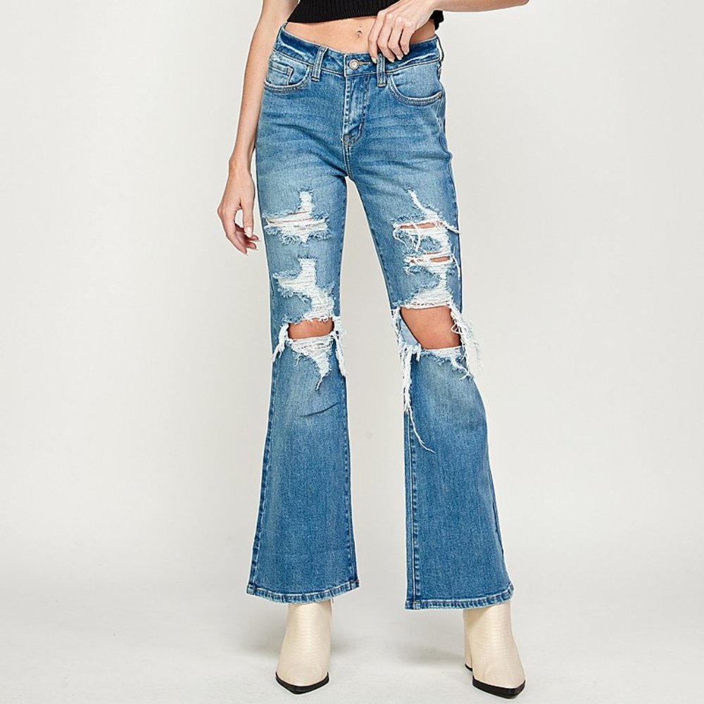 NWT Mid Rise Distressed Flare - Medium Wash  Size 5